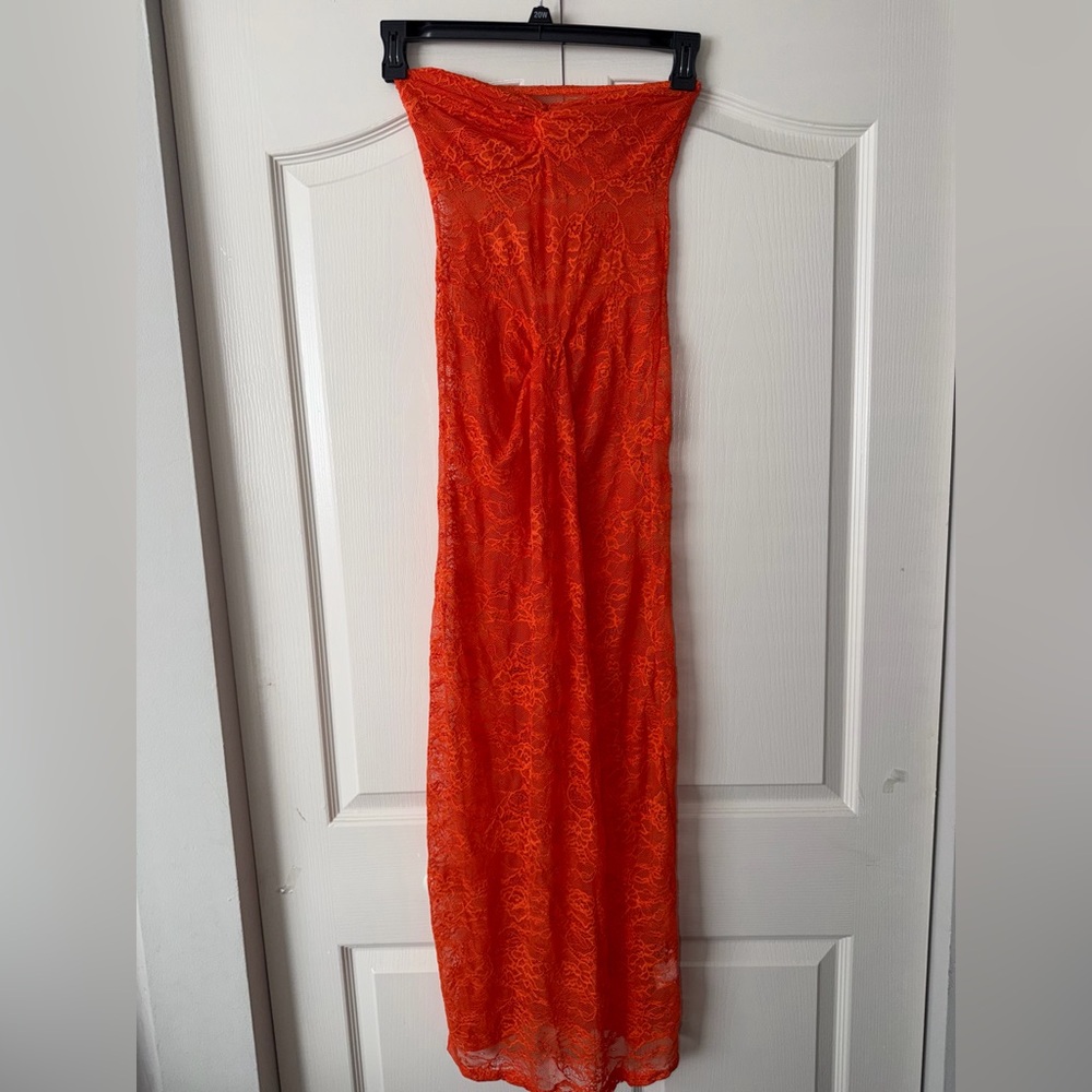 Strapless Lace Maxi Dress in Vibrant Orange
